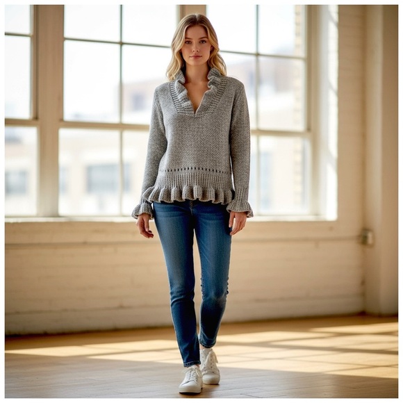 Chicwish Women's V-Neck Sweater with Ruffle Trim. Gray. Small - Picture 14 of 15